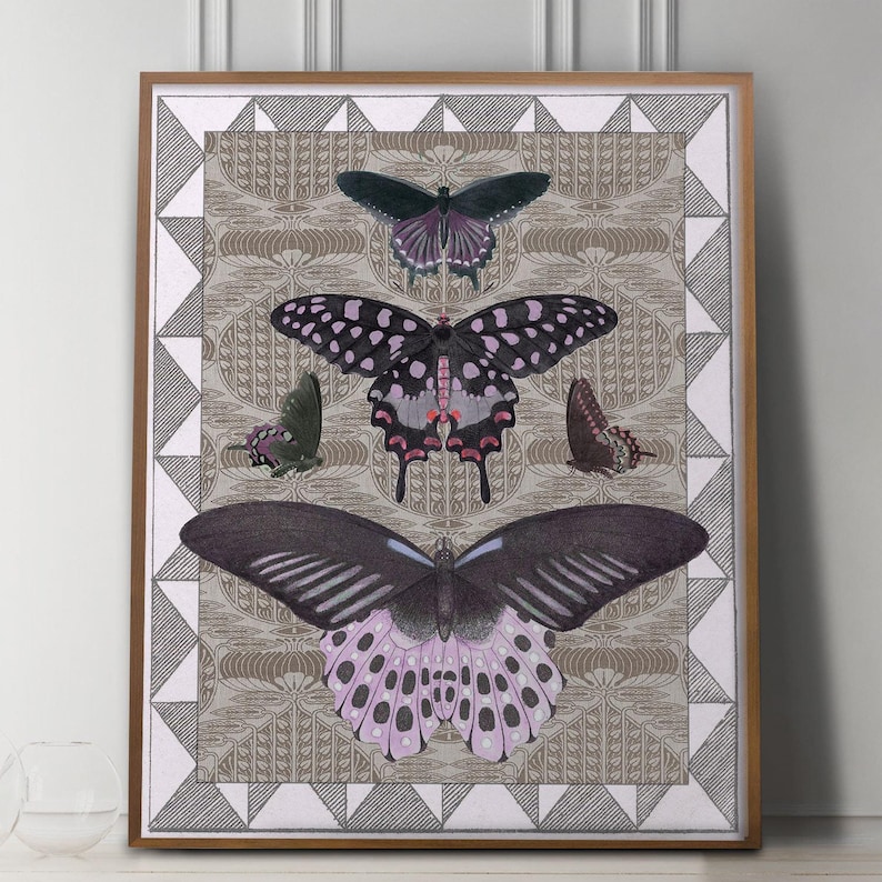 Antique Butterfly Collage Print, Victorian Natural History Art with Patterns, Cottage Wall Decor image 3