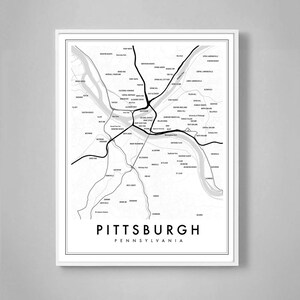 Impression de carte de Pittsburgh, affiche de carte de Pittsburgh en Pennsylvanie, impression de carte de la ville, décoration de Pittsburgh, impression de carte de Pittsburgh, quartier de Pittsburgh