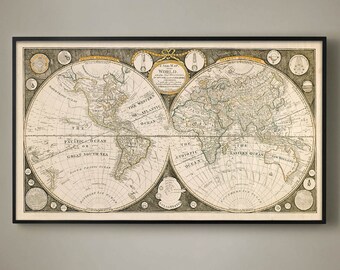 Puede incluir: Una impresión vintage de mapa del mundo en blanco y negro con acentos dorados. El mapa muestra los continentes de América del Norte, América del Sur, Europa, Asia, África y Australia. El mapa está rodeado por un borde decorativo con rosas de los vientos y otros símbolos náuticos.