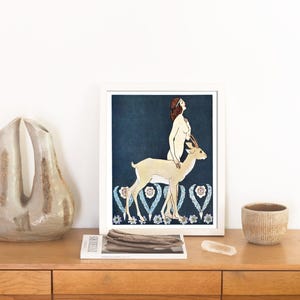Antique Art Nouveau Woman with Gazelle Print, Vintage Decorative Arts, Bathroom and Boudoir Decor image 1