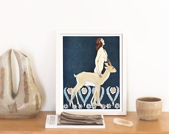Antique Art Nouveau Woman with Gazelle Print, Vintage Decorative Arts, Bathroom and Boudoir Decor