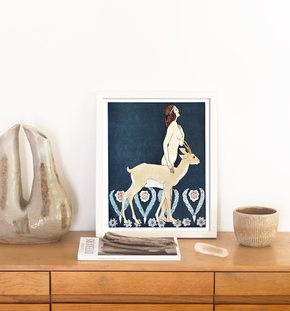 Antique Art Nouveau Woman with Gazelle Print, Vintage Decorative Arts, Bathroom and Boudoir Decor