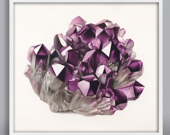Antique 19th Century Purple Amethyst Mineral Print, Crystal Specimen Art, Boho Wall Decor