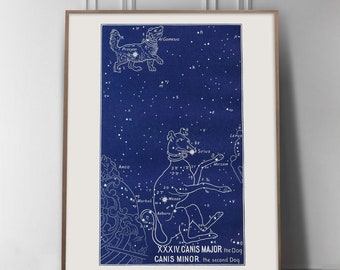 Dog Print Antique Vintage Astrological sign in Black or Blue, Dog Constellation, Zodiac sign, Dog astrology