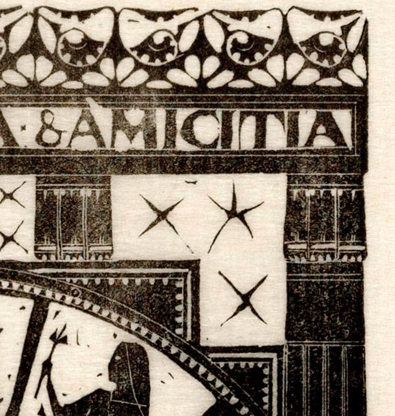 May include: A black and white woodcut print of a woman holding a staff. The print is framed by a decorative border with the text "& AMICITIA" at the top. The background features a repeating pattern of stars.