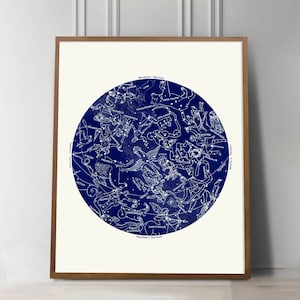 Carte constellation du zodiaque ancienne, carte du ciel bleue, art circulaire bleu, impression d'art du zodiaque, Verseau, Poissons, Sagittaire, Capricorne, cygne