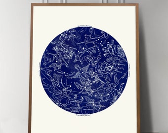 Antique Zodiac Constellation Map, Blue Star Chart, Blue Circular Art, Zodiac art print, Aquarius, Pisces, Sagittarius, Capricorn, Swan