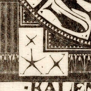 May include: A black and white illustration of a stylized fish with a geometric pattern. The illustration is on a white background with a black border.