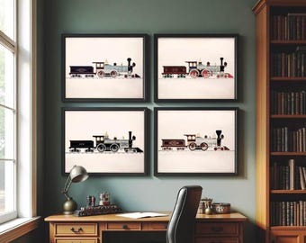 Antique Victorian Train Print Set of 4, Steam Locomotive illustrations, Only Surviving Color Record of Victorian Railways, Gift for Him