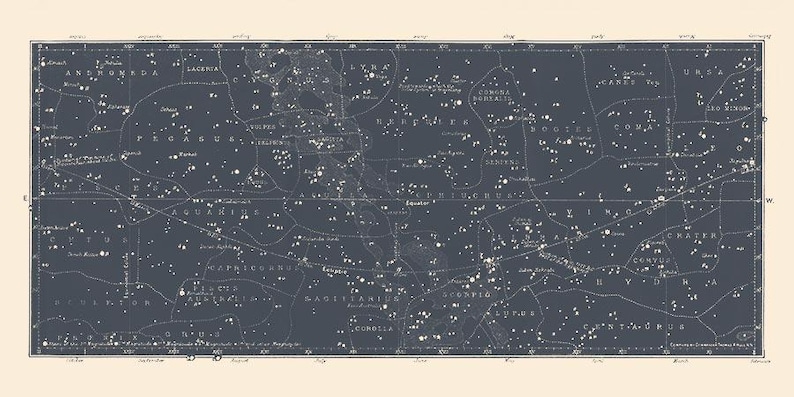 Mapa de estrellas azules impreso, carta estelar ecuatorial, mapa celeste náutico vintage, mapa de constelaciones del norte y del sur, arte mural de astronomía imagen 16