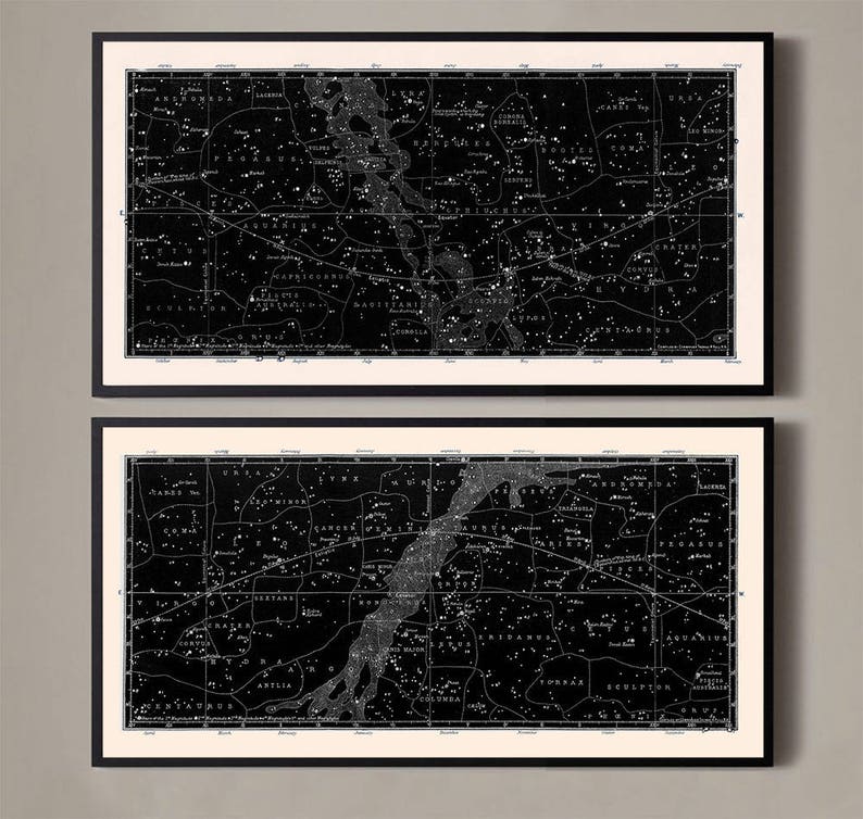 Constellation Print Set, Unframed, Constellation Map Set of 2, Constellation Poster Set, Star Map Set, Star Chart, Astronomy Poster Black