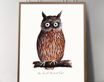 Antique Vintage Horned Owl Drawing, Naturalist Bird Art, Dark Academia and Woodland Wall Decor