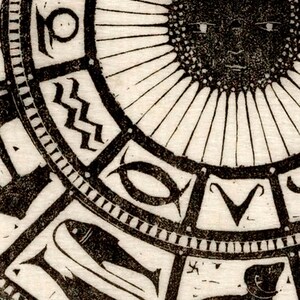May include: A black and white woodcut print of a zodiac wheel with the sun in the center. The sun has a human face and is surrounded by the twelve signs of the zodiac. The signs are depicted in a stylized, graphic style.