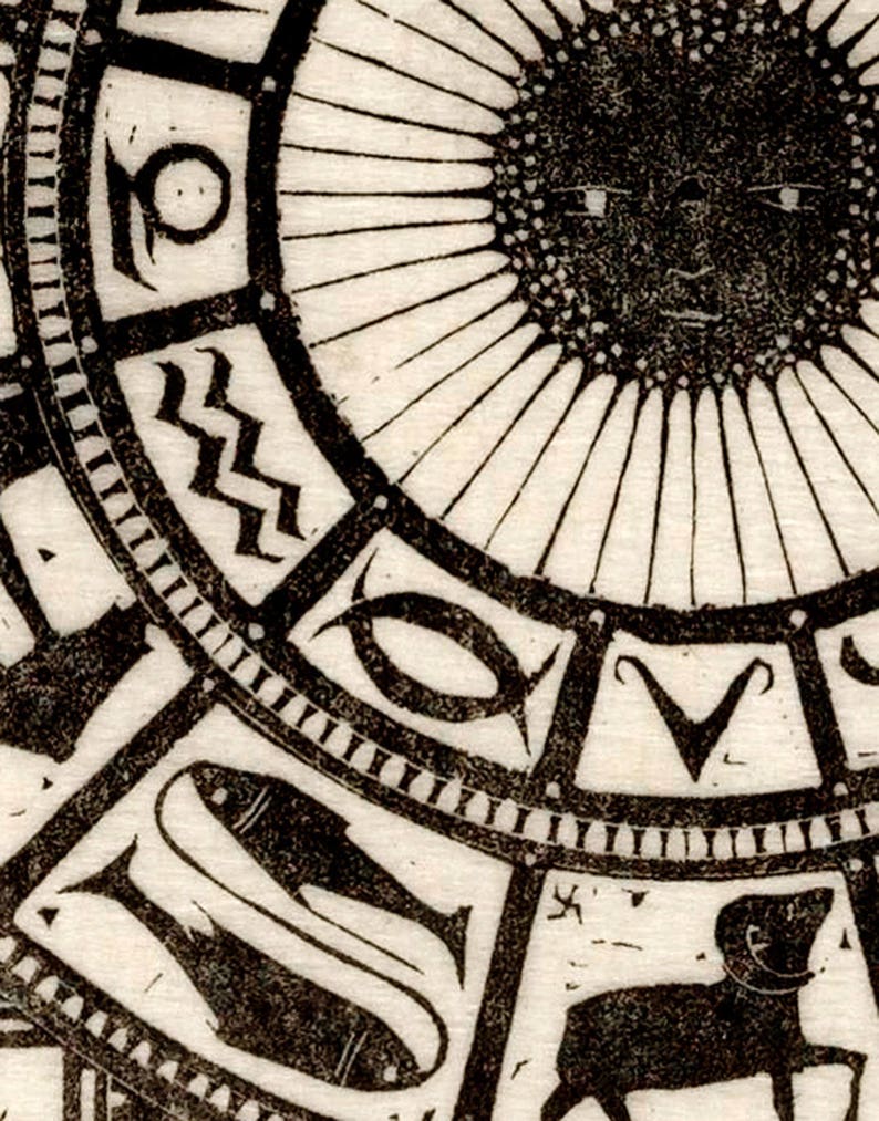 May include: A black and white woodcut print of a zodiac wheel with the sun in the center. The sun has a human face and is surrounded by the twelve signs of the zodiac. The signs are depicted in a stylized, graphic style.