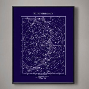 Impression de carte des étoiles avec constellations : impression d'art murale vintage carte astronomique des étoiles d'astronomie en bleu, bleu marine, noir, gris