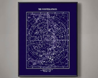 Impresión de mapa de estrellas con constelaciones: Mapa celestial de astronomía vintage de las estrellas Impresión de bellas artes decoración de pared en azul, azul marino, negro, gris