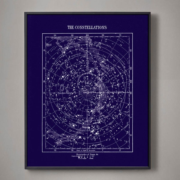 Star Map print with Constellations: Vintage Astronomy Celestial Map of the Stars Fine Art Print Wall Decor in Blue, Navy, Black, Gray