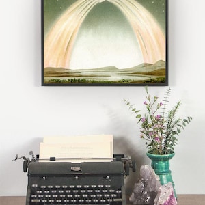 Antique 19th Century German Aurora Borealis Chromolithograph, Art Deco Style Northern Lights Landscape