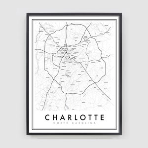 Impression de carte de Charlotte en Caroline du Nord, affiche de carte de Charlotte, impression de carte de la ville, décoration de Charlotte, impression de carte de Charlotte, quartiers de Charlotte