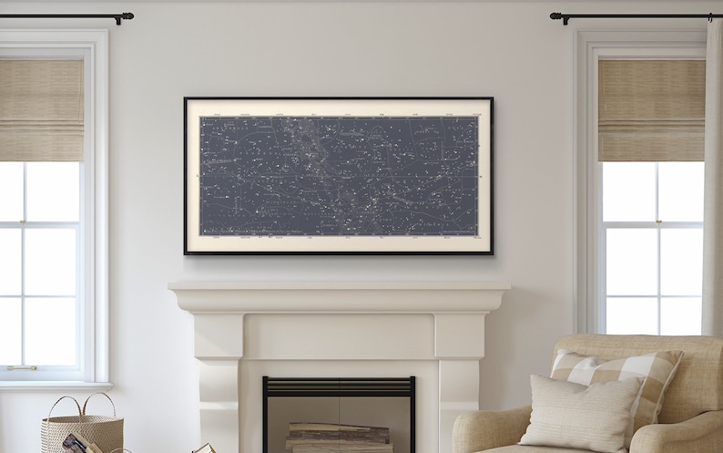 Star Map Print, Constellations Chart Print, Celestial Decor, Large Horizontal Art Print for Living room, Masculine Home Decor, Above bed art Slate Grey