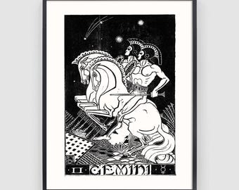 Estampa antigua del signo zodiacal Géminis, arte astrológico del siglo XIX, regalo de cumpleaños para Géminis.
