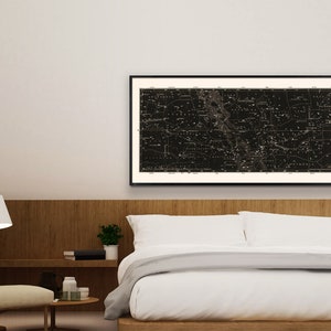 Puede incluir: Una impresi&oacute;n vintage en blanco y negro de un mapa de estrellas con constelaciones y nombres de estrellas. La impresi&oacute;n est&aacute; colgada en una pared blanca sobre una cama con ropa de cama blanca y una cabecera de madera.