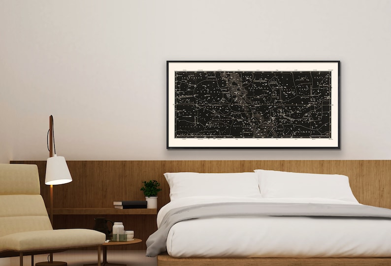 Puede incluir: Una impresi&oacute;n vintage en blanco y negro de un mapa de estrellas con constelaciones y nombres de estrellas. La impresi&oacute;n est&aacute; colgada en una pared blanca sobre una cama con ropa de cama blanca y una cabecera de madera.