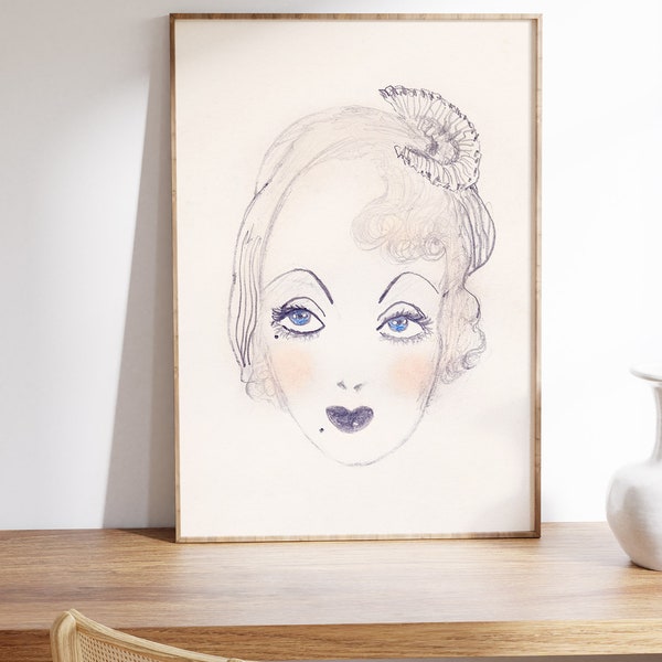 Coquette Aesthetic Fashion Art Print, Hollywood Starlet Drawing, Art Deco style Flapper art