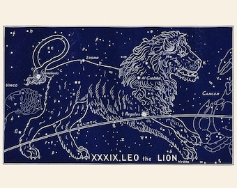 Antique Leo Zodiac Print, 19th Century Astrological Sign Art, Birthday Gift for Leo