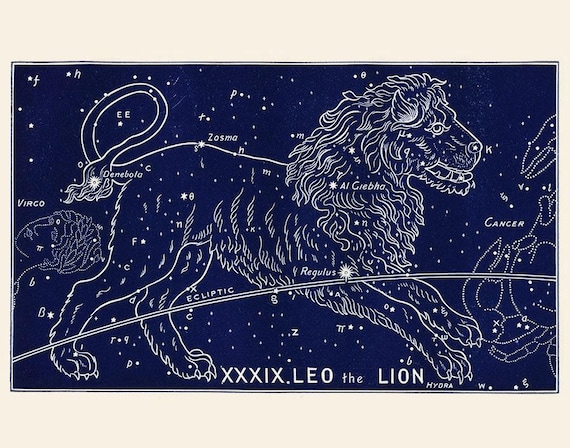 Antique Leo Zodiac Print, 19th Century Astrological Sign Art, Birthday Gift for Leo