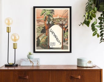 Cartel de viaje Art Déco de Los Ángeles, gráfico vintage de principios del siglo XX sobre el sueño californiano.