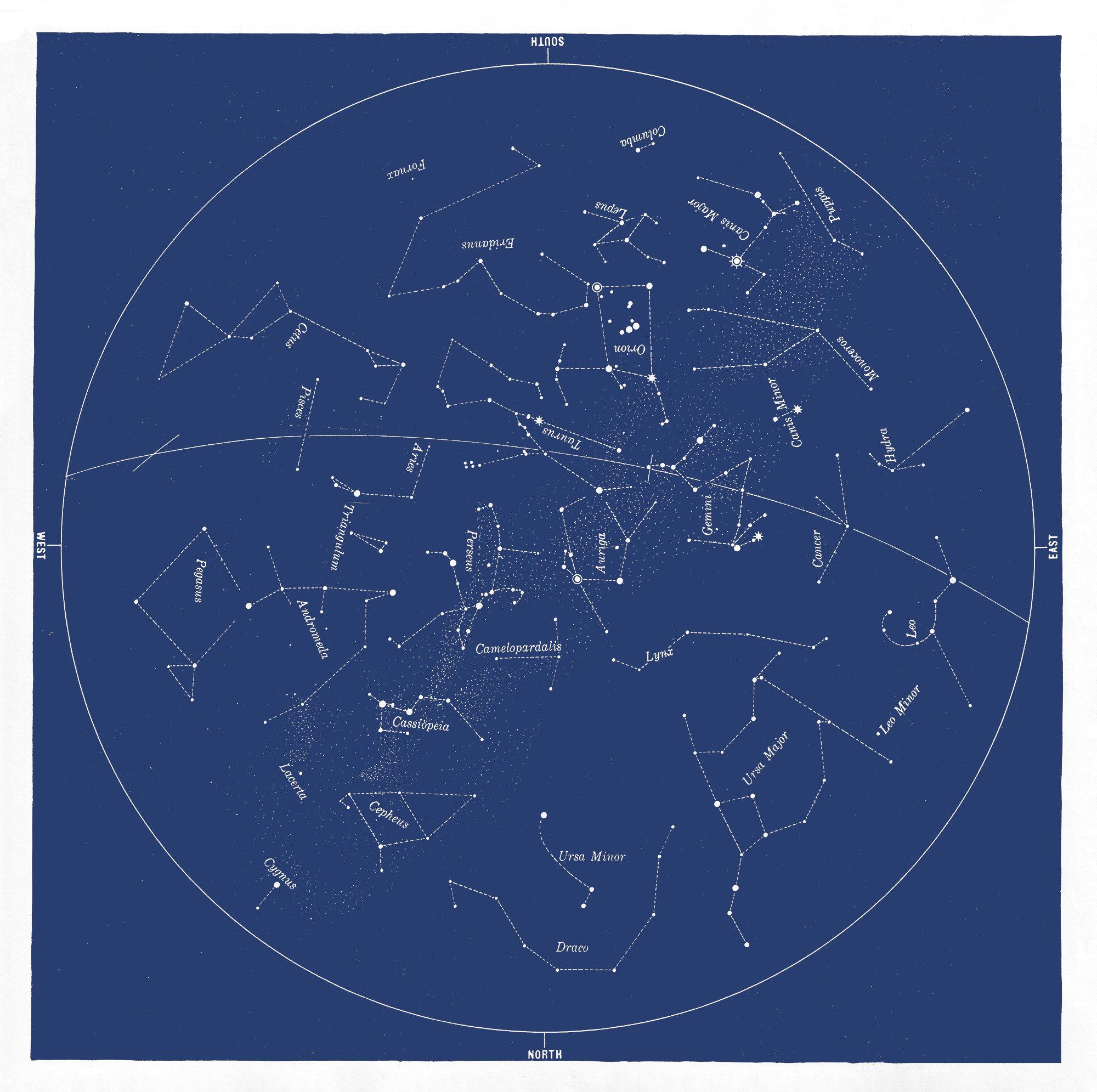 Antique Square Constellation Star Map 1928, Boho Celestial Wall