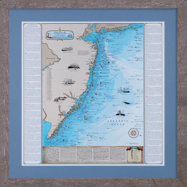 New Jersey Shipwreck Chart:  Sandy Hook to Cape May *Single Driftwood Frame*