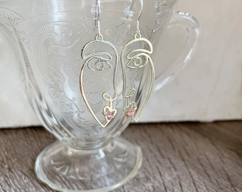 Face Earrings, Gold Sterling Silver Mixed Metal Earrings, Pink Earrings, Lips, Silver Earrings, Unique Earrings, Abstract Earrings, Large