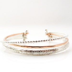 Sterling Silver and Rose Gold  Bracelet for Women, Open Cuff Bracelet, Hammered Gold Bangle Bracelet, Boho Bracelet Set, Gift for Friend