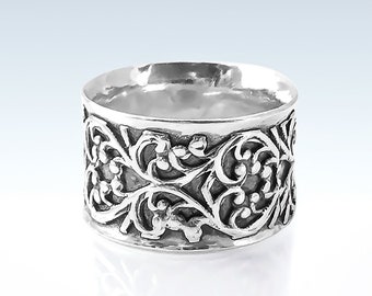 Sterling Silver Ring, Silver Filigree Ring, Filigree Ring, Wide Band, Celtic Ring, Mixed Metal Ring, Valentines Day Gift
