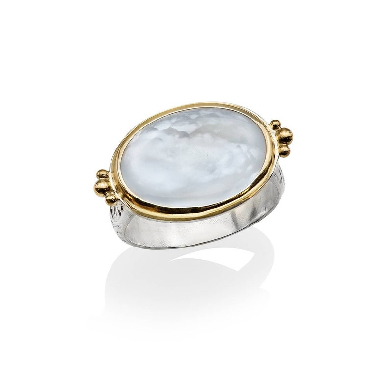 Mother Of Pearl Ring, June Birthstone Ring, Gold and Silver Ring, Stacking Ring, Mother's Day Gift, For Her image 1