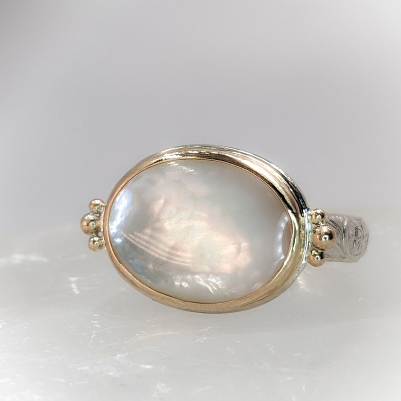 Mother Of Pearl Ring, June Birthstone Ring, Gold and Silver Ring, Stacking Ring, Mother's Day Gift, For Her image 4