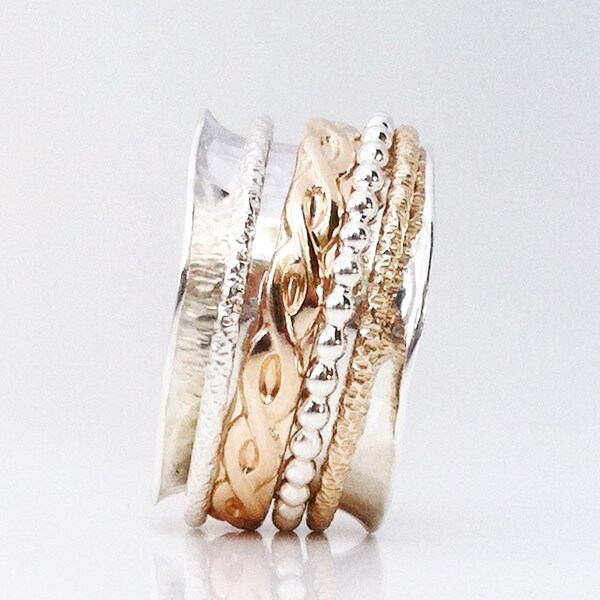 Gold Band, Spinner Ring, Sterling Silver Band, Meditation Ring, Wedding Ring, Celtic Ring, Silver Gold Ring,, Valentines Day Gift