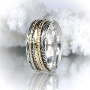Womens Spinner Rings Silver and Gold, Spinner Ring for Anxiety, Spinning Ring 14k Gold, Handmade Silver Ring Wide Band, Unique Ring for Her