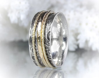 Womens Spinner Rings Silver and Gold, Spinner Ring for Anxiety, Spinning Ring 14k Gold, Handmade Silver Ring Wide Band, Unique Ring for Her