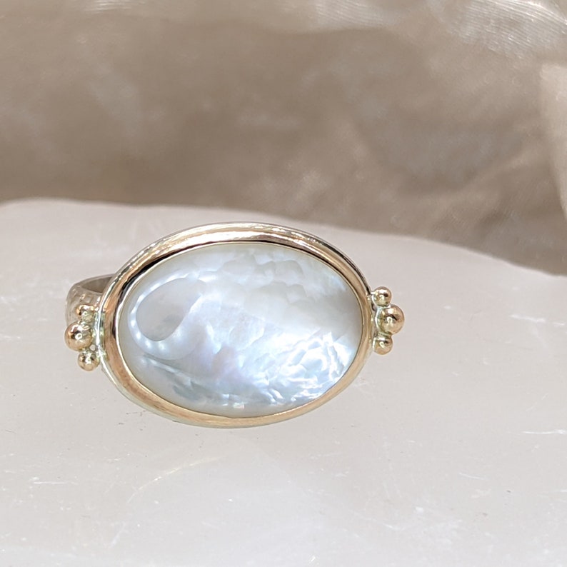 Mother Of Pearl Ring, June Birthstone Ring, Gold and Silver Ring, Stacking Ring, Mother's Day Gift, For Her image 5
