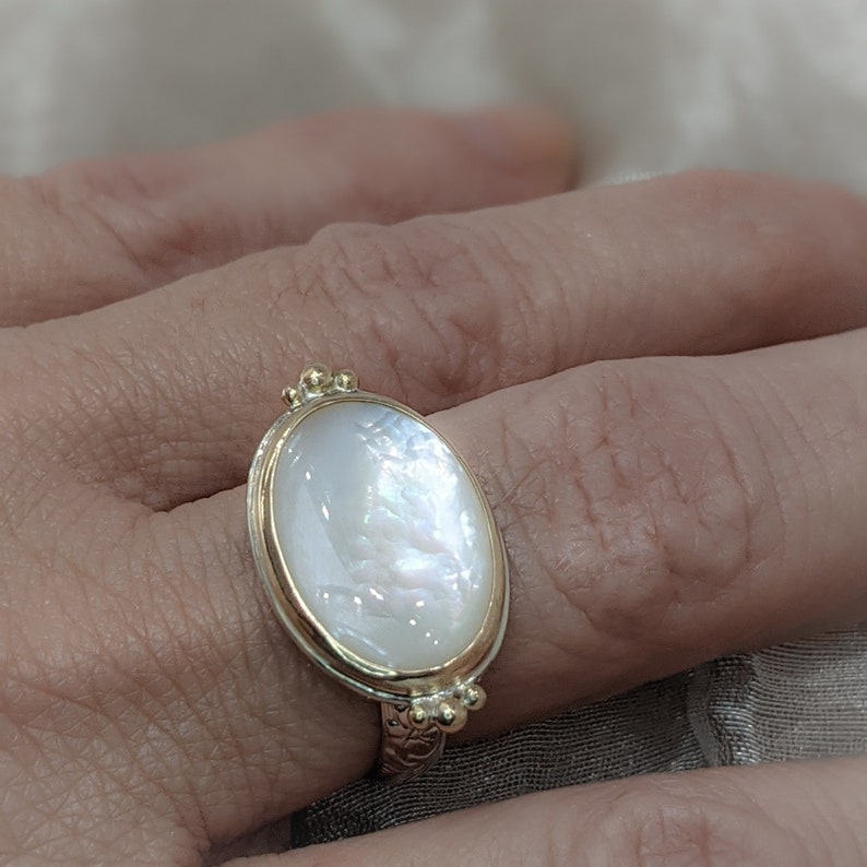 Mother Of Pearl Ring, June Birthstone Ring, Gold and Silver Ring, Stacking Ring, Mother's Day Gift, For Her image 6
