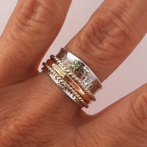 Holiday Gift, Womens Spinner Rings Silver and Gold, Spinner Ring for Anxiety, Spinning Ring 14k Gold, Handmade Silver Ring Wide Band