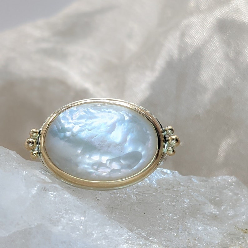 Mother Of Pearl Ring, June Birthstone Ring, Gold and Silver Ring, Stacking Ring, Mother's Day Gift, For Her image 2
