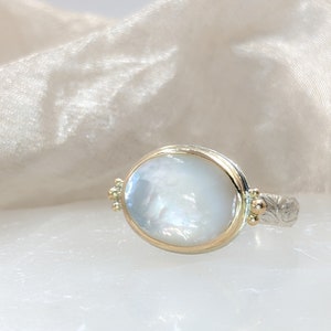 Mother Of Pearl Ring, June Birthstone Ring, Gold and Silver Ring, Stacking Ring, Mother's Day Gift, For Her image 3