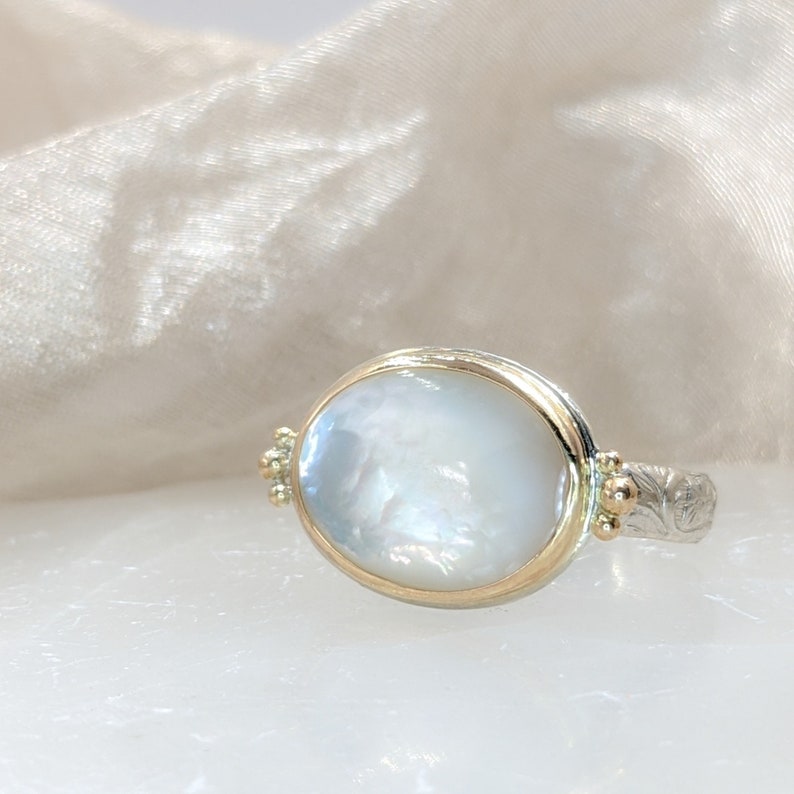 Mother Of Pearl Ring, June Birthstone Ring, Gold and Silver Ring, Stacking Ring, Mother's Day Gift, For Her image 3