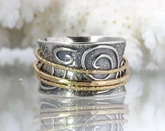 Gold And Silver Spinner Ring, Handmade Anxiety Ring, Sterling Silver Ring, Wedding Ring, Meditation Ring,, Valentines Day Gift