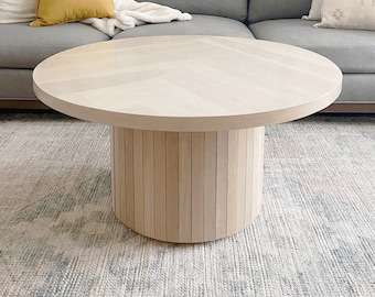 Round White Oak Wood Pedestal Coffee Table, Herringbone Top, Rounded Sculptural Base, Modern, Light Oak Wood, Made to Order