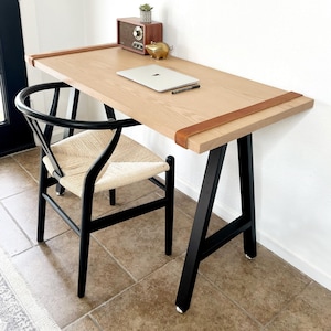 Solid Oak Wood Desk w/ Leather Strap Organizers, Industrial, Modern, Computer Desk, Small Office Desk, Red Oak, Laptop Desk, Customizable